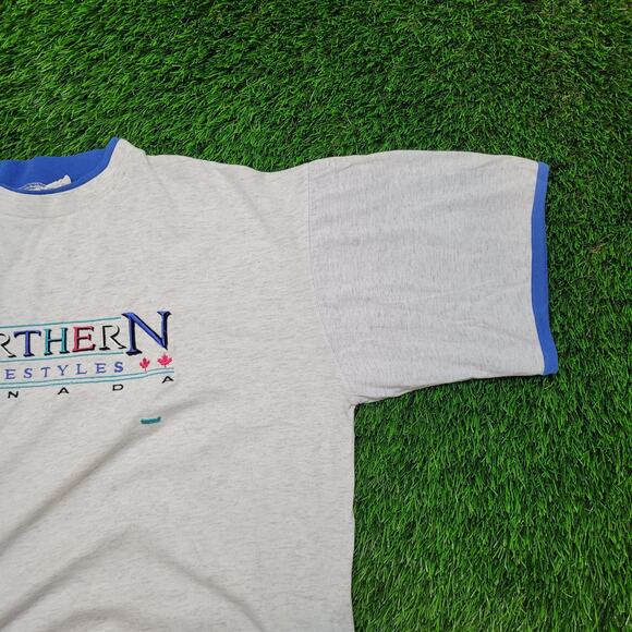 VTG 90s Cropped T-Shirt XL Boxy Fit 25" Lg Ringer Embroidered Canada 80s - Picture 3 of 5